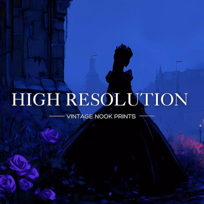May include: A digital art print with a dark silhouette of a person in a long dress, set against a blue background with castle-like structures. The text "HIGH RESOLUTION" and "VINTAGE NOOK PRINTS" are displayed in white.