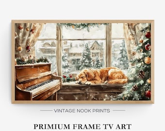 Watercolor Christmas Frame TV Art Golden Retriever Instant Download Xmas Samsung Frame TV Art Piano X'mas Digital Art Snowy White Christmas.