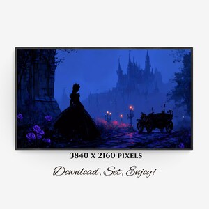May include: A digital art print depicting a silhouette of a person in a long gown, standing on a path leading to a castle. The scene is set at dusk with a dark blue sky, purple roses, and a horse-drawn carriage.