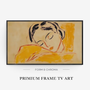 Puede incluir: Una pintura enmarcada de una mujer con los ojos cerrados, pintada en un estilo minimalista con tonos amarillos y naranjas. La pintura se titula "FORM & CHROMA" y forma parte de una colección "PRIMIUM FRAME TV ART".