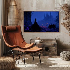 May include: A framed print depicts a silhouette of a person in a long gown, standing before a castle at dusk. The artwork features a dark blue and purple color palette, with a carriage and lit lanterns adding detail.