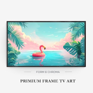 Peut inclure: Une impression d'art numérique d'un flottaison de flamant rose dans une scène d'océan tropical avec des palmiers et des nuages. Le texte "FORM & CHROMA" et "PRIMIUM FRAME TV ART" est en bas de l'image.