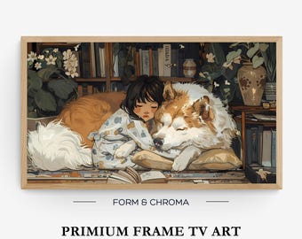 Fille et chien cadre TV art animalier vintage portrait peinture cadre Samsung TV art été moelleux chien blanc téléchargement numérique art déco antique.