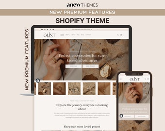 Puede incluir: Una captura de pantalla de un sitio web que muestra un tema de Shopify para una joyería llamada "Glint". El sitio web presenta una variedad de joyas de oro, incluidos anillos, collares y aretes. El sitio web también incluye una llamada a la acción para "Comprar nuestras piezas más queridas".