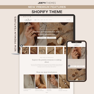 Pode incluir: Uma captura de tela de um site que mostra um tema Shopify para uma joalheria chamada "Glint". O site apresenta uma variedade de joias de ouro, incluindo anéis, colares e brincos. O site também inclui uma chamada para ação para "Comprar nossas peças mais queridas".