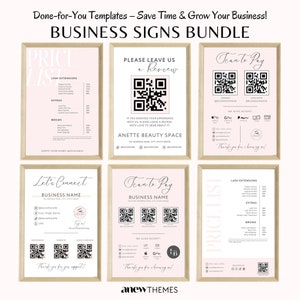 Peut inclure: Un ensemble de six panneaux commerciaux encadrés, aux tons rose et blanc. Les panneaux affichent des listes de prix, des options de paiement et des informations de contact sur les réseaux sociaux. Le texte comprend "Business Signs Bundle" et "Anette Beauty Space".