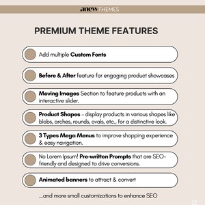 May include: A list of premium theme features for an e-commerce website. Features include custom fonts, before and after product showcases, moving images, product shapes, mega menus, pre-written prompts, and animated banners.