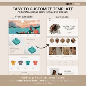 May include: A screenshot of a website template for an Etsy shop. The template features a colorful illustration of a couple in a boat, a collection of jewelry, and a variety of t-shirts. The text "Crafting Dreams One Jewel at a Time" is displayed on the website.