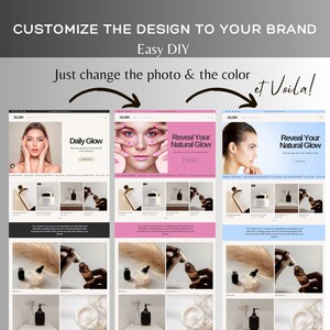 May include: Three website mockups for a skincare brand called "Glow". The mockups feature different color schemes and product images. The text on the mockups includes "Daily Glow", "Reveal Your Natural Glow", and "Our mission is to source our ingredients sustainably and ethically, crafting clean and eco-friendly products that promote skin health while preserving the well-being of our planet."