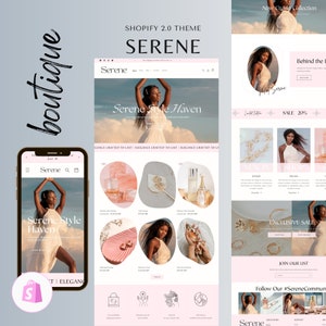 Peut inclure: Maquette de site web pour une boutique, affichée sur un téléphone et un ordinateur. Le thème "Serene" utilise une palette rose et blanche. Le site présente des bijoux, des parfums et des vêtements, avec le texte "Serene Style Haven".