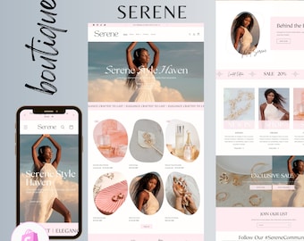 May include: A website design for a boutique, featuring a mobile phone and desktop view. The theme is "Serene", with a soft pink and white color scheme. The website showcases jewelry, perfume, and clothing, with the text "Serene Style Haven".