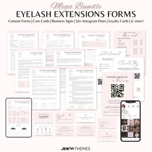 Könnte beinhalten: Eine Sammlung von rosa und weißen Wimpernverlängerungsformularen, Pflegekarten, Geschäftsschildern, Instagram-Posts und Kundenkarten. Der Text enthält "Mega Bundle" und "Eyelash Extensions Forms."