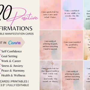 120 Positive Affirmation Card Deck, Editable Canva Cards, SelfCare Printables, Law of Attraction, Manifesting Kit, Commercial Use, Digital