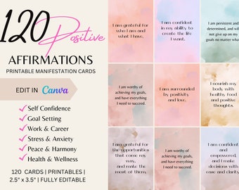 120 Positive Affirmation Cards, Editable Canva Template (Digital)