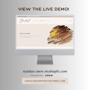 Pode incluir: Um monitor de computador exibe o site "Stardust Jewelry", com um formul&aacute;rio de contato e imagens de joias. O texto inclui "VIEW THE LIVE DEMO!" e o endere&ccedil;o do site. A senha &eacute; "ANEW."