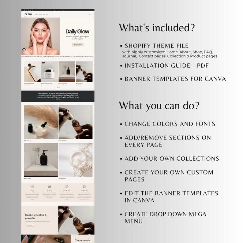 May include: A screenshot of a website for a skincare brand called Glow. The website features a minimalist design with a focus on natural ingredients. The website includes a shop, blog, and contact page. The website also includes a section on the benefits of using natural skincare products.