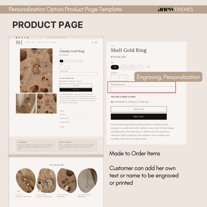May include: A gold shell ring with the option to personalize with an engraved message. The product page shows the ring on a white background with the text "Engraving, Personalization" and "This item is Made-to-Order".