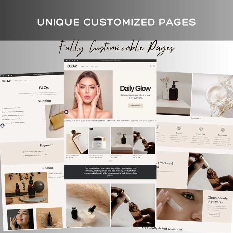 May include: Website screenshot showing a skincare brand's website with a variety of products, including serums, creams, and oils. The website features a clean and modern design with a focus on natural ingredients and sustainable practices. The text on the website includes the brand name "Glow", the tagline "Daily Glow", and the phrase "Clean beauty that works".