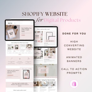 May include: A mockup of a Shopify website for digital products. The website features a pink and white color scheme with a variety of digital products for sale, including planners, social media templates, and online courses. The website also includes a call to action to unlock a free guide to scale your business effectively.