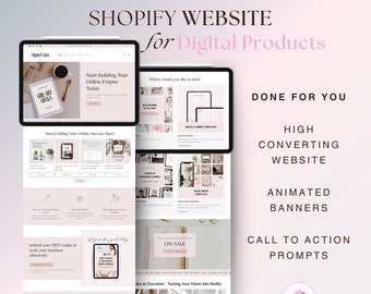 Pink Shopify Theme for Selling Digital Products Ecommerce Business Minimal Website Template Online Store Design Printables Canva Banners 2.0