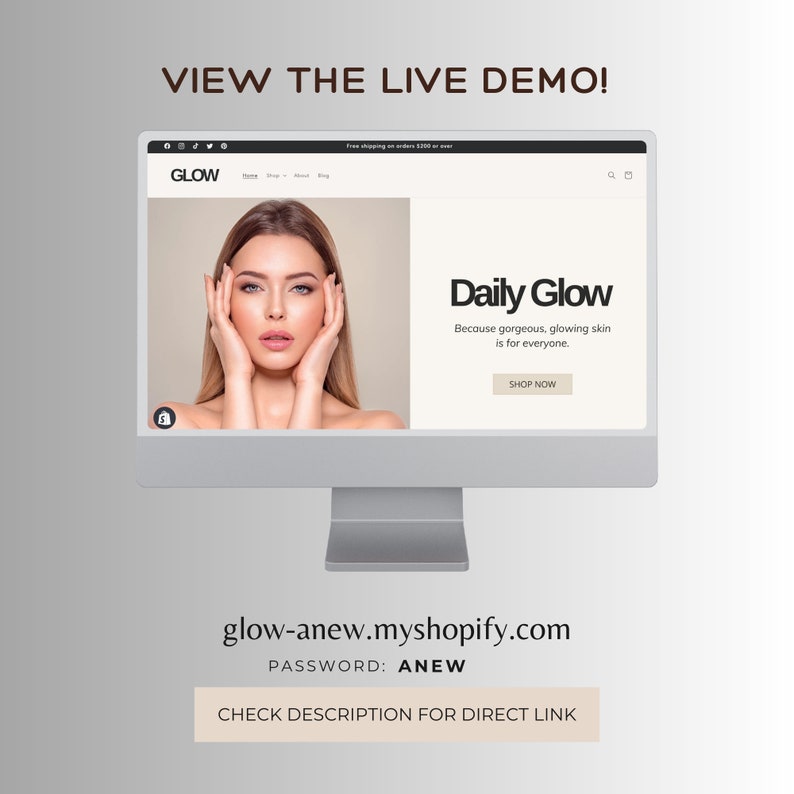 May include: A computer screen displaying a website with the text "GLOW" and "Daily Glow" with the tagline "Because gorgeous, glowing skin is for everyone." The website has a button that says "Shop Now".