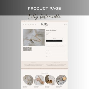 Pode incluir: Uma p&aacute;gina de produto de site para um colar de ouro. A p&aacute;gina inclui o nome do produto, o pre&ccedil;o e uma descri&ccedil;&atilde;o. As palavras "PRODUCT PAGE" e "Fully Customizable" est&atilde;o no topo da p&aacute;gina.