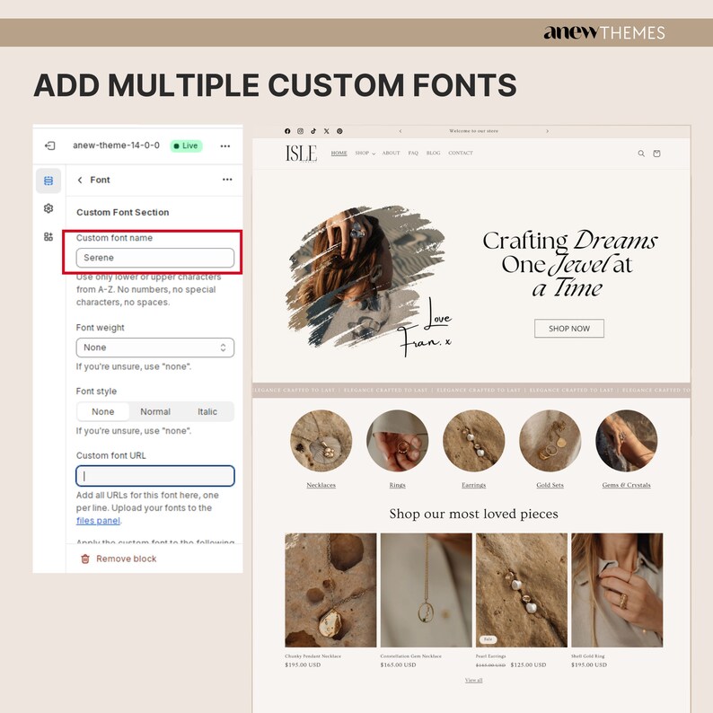 May include: A screenshot of a website builder interface showing how to add custom fonts. The interface has a text field labeled "Custom font name" with the word "Serene" typed in it. The interface also has a text field labeled "Custom font URL" with a placeholder text that says "Add all URLs for this font here, one per line. Upload your fonts to the files panel."