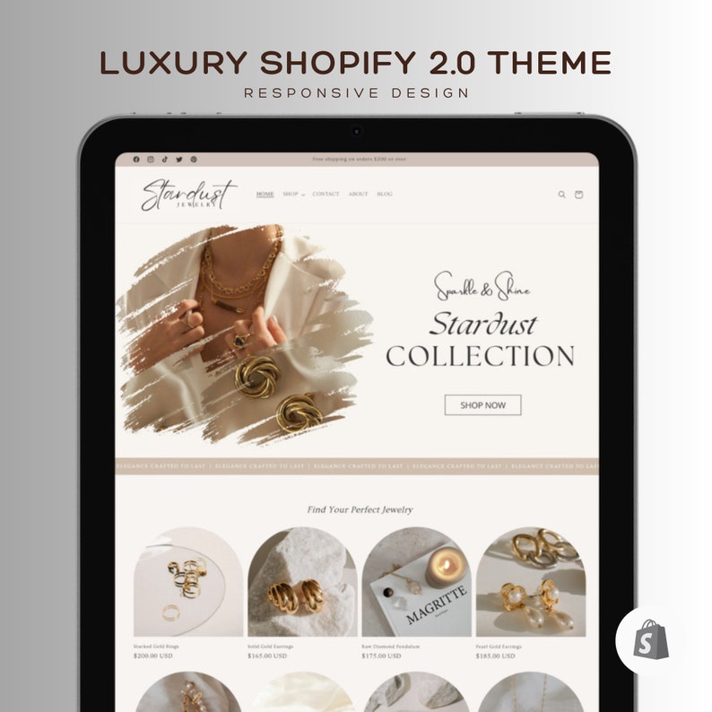 Pode incluir: Um tablet exibe um site para a cole&ccedil;&atilde;o de joias Stardust. O site apresenta joias de ouro, incluindo an&eacute;is e brincos. A parte superior da tela diz "LUXURY SHOPIFY 2.0 THEME RESPONSIVE DESIGN". O site inclui o texto "Sparkle & Shine Stardust COLLECTION".