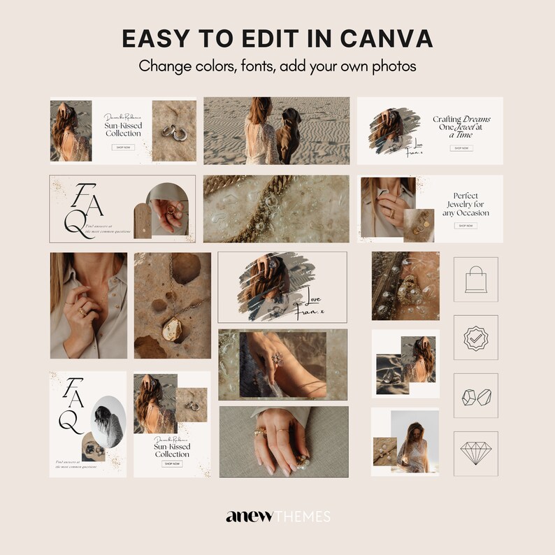 May include: A collection of Instagram story templates featuring jewelry, with a neutral color palette of beige, brown, and white. The text "Sun Kissed Collection" and "Crafting Dreams One Jewel at a Time" are featured in the templates.