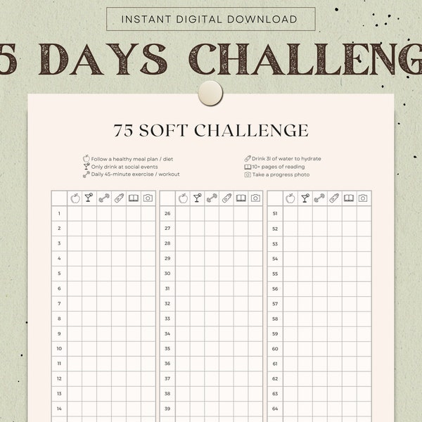 Minimalist 75 Soft Challenge, Simple 75 Days Habbit Tracker, Daily Habits, Daily Tracker, Habit Tracker, Digital File, Goals, A3, A4 and A5