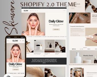 May include: A website homepage for a skincare brand called "Glow". The website features a minimalist design with a focus on natural ingredients and sustainable practices. The homepage includes a call to action to "Shop Now" for daily glow skincare products.