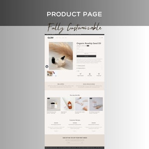 May include: A product page for organic rosehip seed oil from the brand GLOW. The product is shown in a clear glass bottle with a dropper. The page also features a section for customer reviews and a call to action to sign up for 10% off the first order.