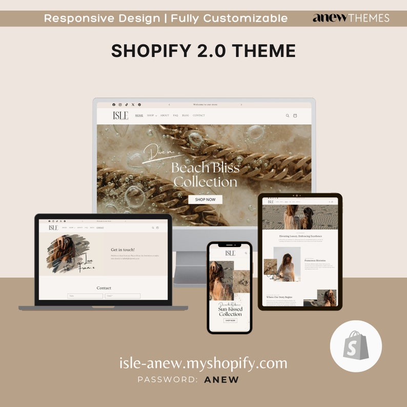 May include: A mockup of a Shopify 2.0 theme for an online store called "Isle". The theme features a modern, minimalist design with a focus on high-quality product photography. The theme is fully customizable and responsive, meaning it looks great on all devices. The theme includes a variety of features, such as a product slider, a featured products section, and a contact form.