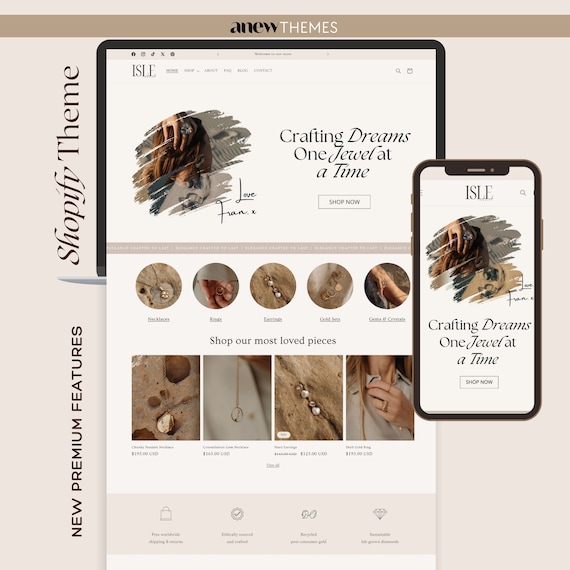 Modern Jewelry Shopify Theme Beige Aesthetic Customizable Online Store Website Minimal Clean Shopify Template for Small Businesses Anew 2.0