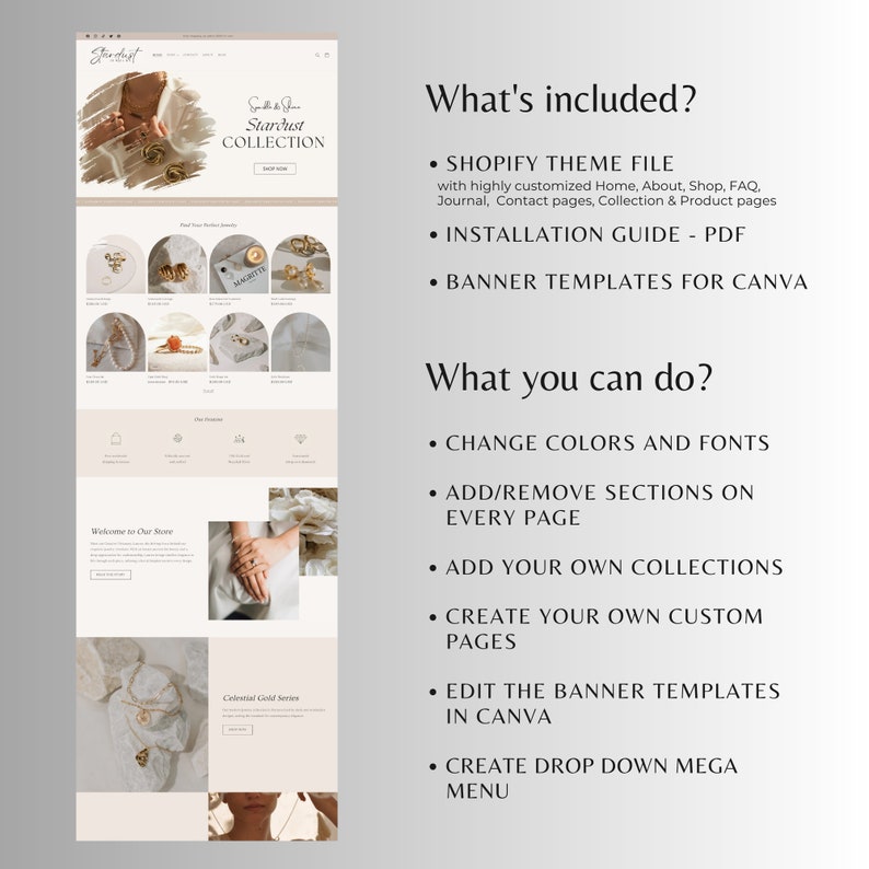 Pode incluir: Maquete de design de site web com uma paleta de cores neutras. O design inclui se&ccedil;&otilde;es para joias, uma mensagem de boas-vindas e uma s&eacute;rie Celestial Gold. O texto inclui "Stardust Collection" e "Shopify Theme File".