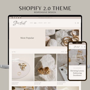 Pode incluir: Um laptop e um smartphone exibem um site de joias com o texto "Stardust Jewelry". O site mostra an&eacute;is e brincos de ouro. O texto "Shopify 2.0 Theme" e "Responsive Design" tamb&eacute;m s&atilde;o vis&iacute;veis.