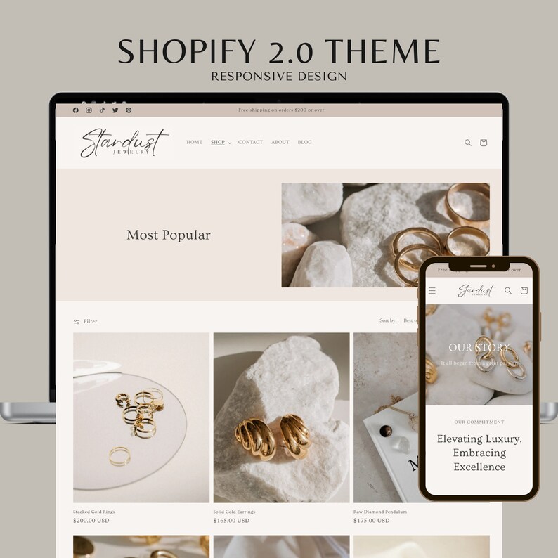 Pode incluir: Um laptop e um smartphone exibem um site de joias com o texto "Stardust Jewelry". O site mostra an&eacute;is e brincos de ouro. O texto "Shopify 2.0 Theme" e "Responsive Design" tamb&eacute;m s&atilde;o vis&iacute;veis.