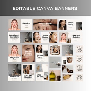 May include: A collection of 16 square social media banners for a beauty brand. The banners feature images of skincare products, models, and text such as "Daily Glow", "Morning Skincare Essentials", "Radiant Beauty", "Make it Routine", "Shop New Collection", "Latest Beauty Innovations", "Pure Glow Collection", and "Shop the Sale".