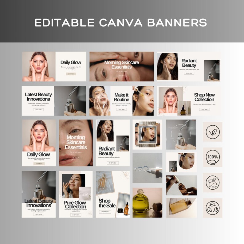 May include: A collection of 16 square social media banners for a beauty brand. The banners feature images of skincare products, models, and text such as "Daily Glow", "Morning Skincare Essentials", "Radiant Beauty", "Make it Routine", "Shop New Collection", "Latest Beauty Innovations", "Pure Glow Collection", and "Shop the Sale".