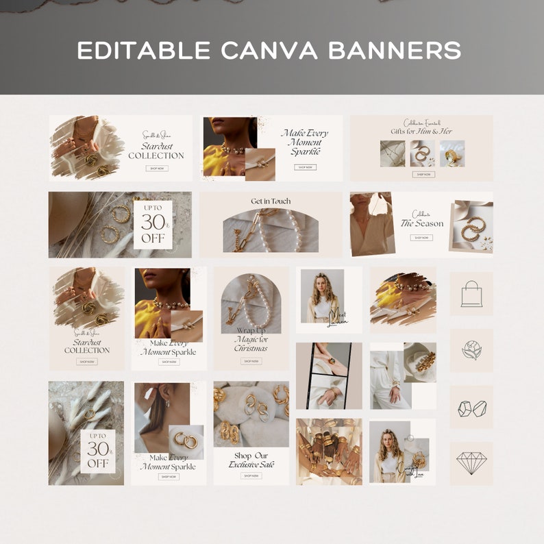 Pode incluir: Um conjunto de banners Canva edit&aacute;veis com uma paleta de cores neutras. Os banners exibem joias, com textos como "Stardust Collection", "Make Every Moment Sparkle" e "Up to 30% Off". A imagem tamb&eacute;m apresenta o texto "Gifts for Him & Her".