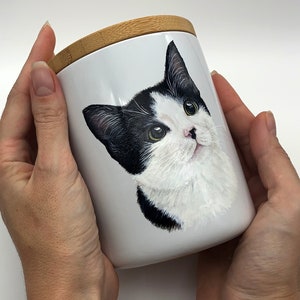 Cat urn for ashes . Custom hand-painted pet portrait from photo