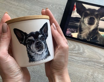 May include: A white ceramic mug with a bamboo lid features a hand-painted portrait of a black and white chihuahua. The chihuahua is looking directly at the viewer.