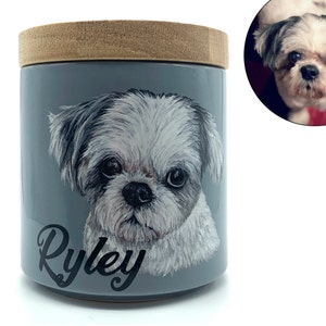 Urna de cachorro para cinzas. Retrato de cachorrinho personalizado pintado à mão a partir da foto. Memorial personalizado para animais de estimação