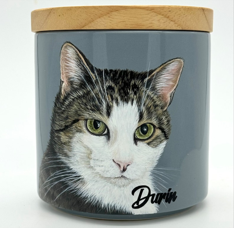 May include: A gray ceramic jar with a wooden lid, featuring a hand-painted portrait of a tabby cat with green eyes. The cat's name, "Darin", is written in black cursive script on the jar.