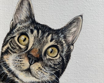 Può includere: Un dipinto ravvicinato di un gatto tigrato con occhi verdi che guarda direttamente lo spettatore. Il pelo del gatto è un mix di marrone, nero e bianco. Lo sfondo è una tela grigia chiara.