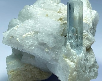 Magnifique cristal aigue-marine de 190 carats sur spécimen d'albite de la vallée de Shigar. Pierres précieuses, pierres précieuses, minéraux