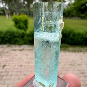 Pu&ograve; includere: Un esemplare di cristallo trasparente color acquamarina. Il cristallo &egrave; montato su una base rettangolare trasparente con un materiale strutturato di colore chiaro alla base. Lo sfondo &egrave; una vista sfocata di fogliame verde.