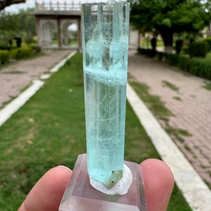 Pu&ograve; includere: Cristallo rettangolare trasparente con una tonalit&agrave; azzurra, montato su una base trasparente. Il cristallo presenta fratture e inclusioni interne. Un piccolo minerale verdognolo &egrave; attaccato alla base. Sfondo di un giardino.