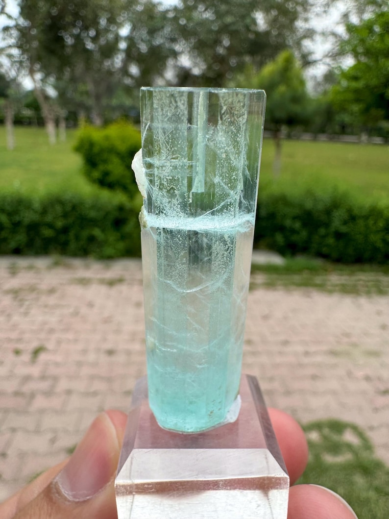Pu&ograve; includere: Un cristallo trasparente e rettangolare con una tonalit&agrave; azzurra, montato su una base trasparente. Il cristallo presenta fratture interne e un'area ruvida e bianca su un lato. Lo sfondo &egrave; una scena esterna sfocata con fogliame verde.