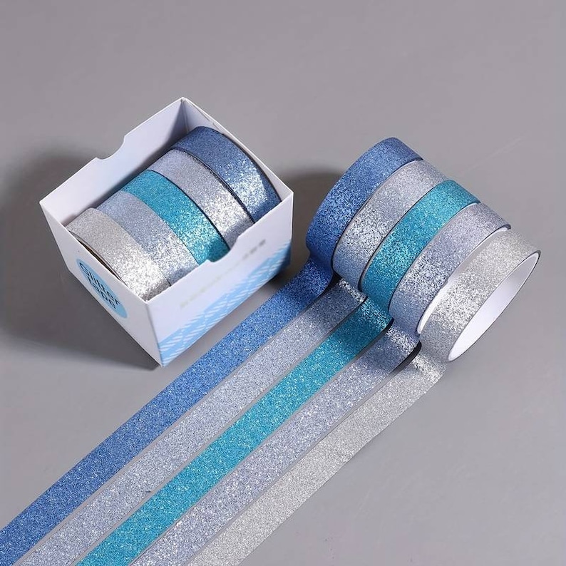 Washi Tape glitter set van 5 Japanse papieren tapes voor Bullet Journal, Scrapbooking, Verpakkingstape, decoraties, DIY, Journaling Bleu